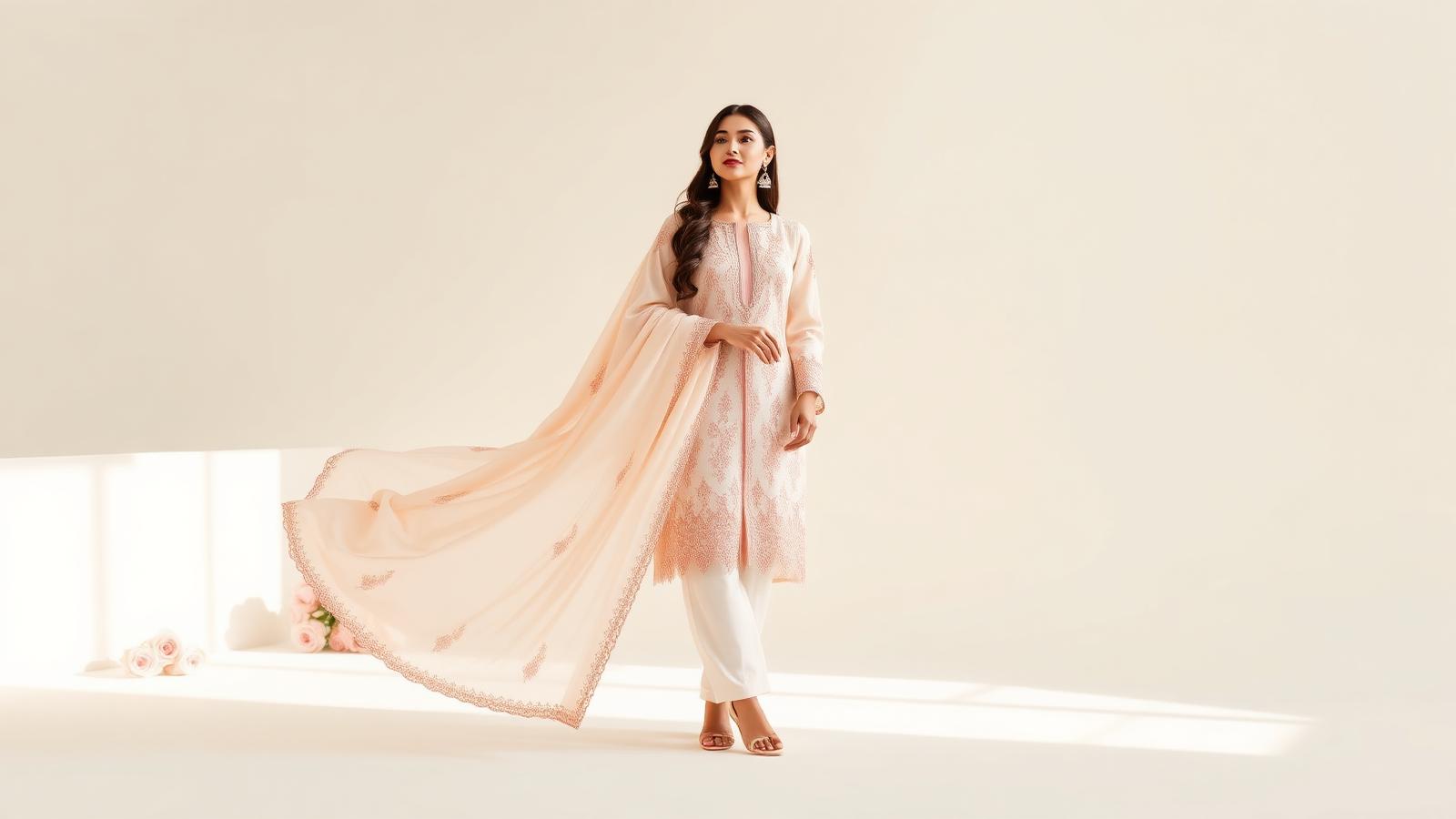 Model in an ivory and pink embroidered unstitched suit with flowing dupatta