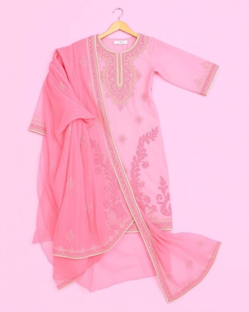 Rose pink embroidered suit with net dupatta